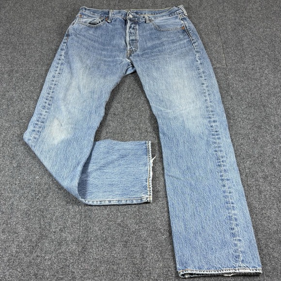 Levis 501 Jeans Mens 34x31*Blue Straight Leg Button Fly Distressed Classic Denim - Picture 1 of 15